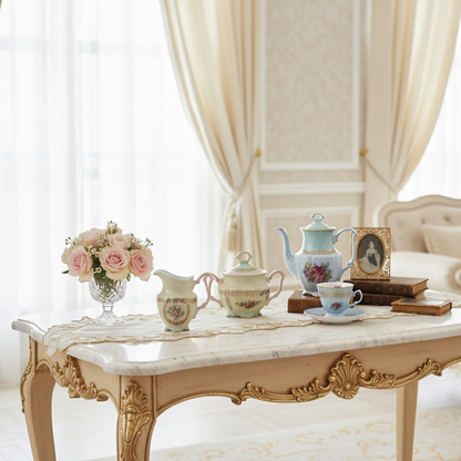 Heritage-style ceramic tea set arranged on an ornate table, creating a timeless and elegant home tea setting.