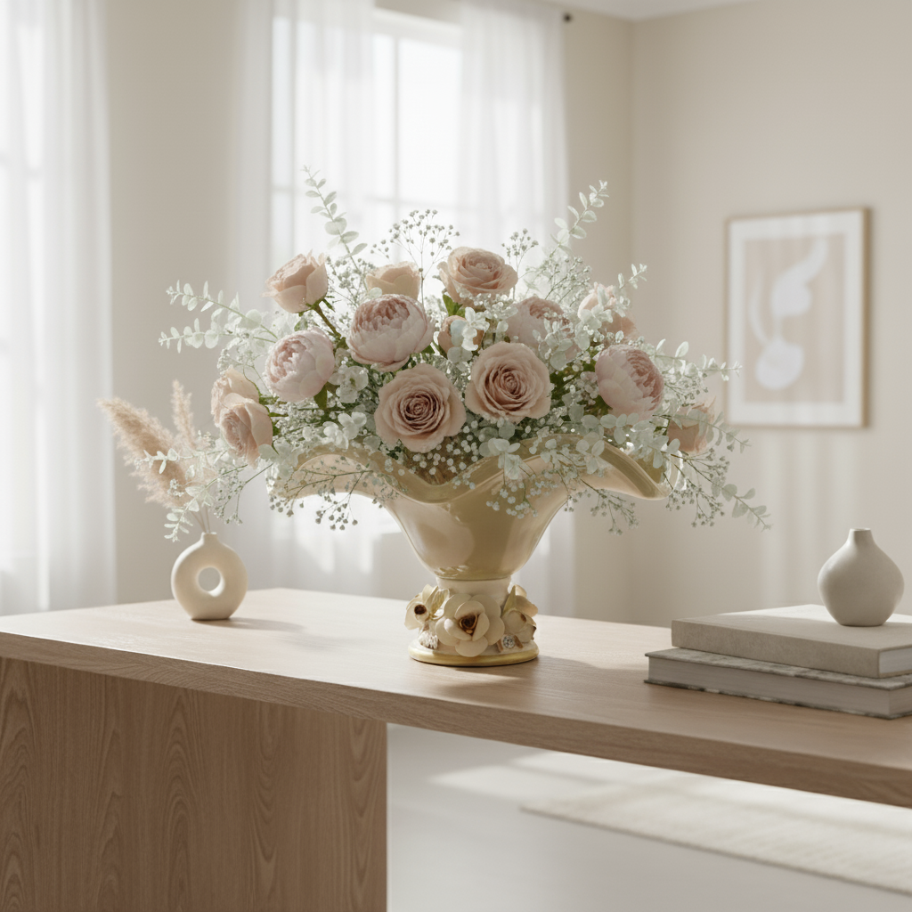 Luxury handcrafted Italian porcelain decorative bowl styled as an elegant centerpiece in a home décor mood shoot by Fleur De Lis