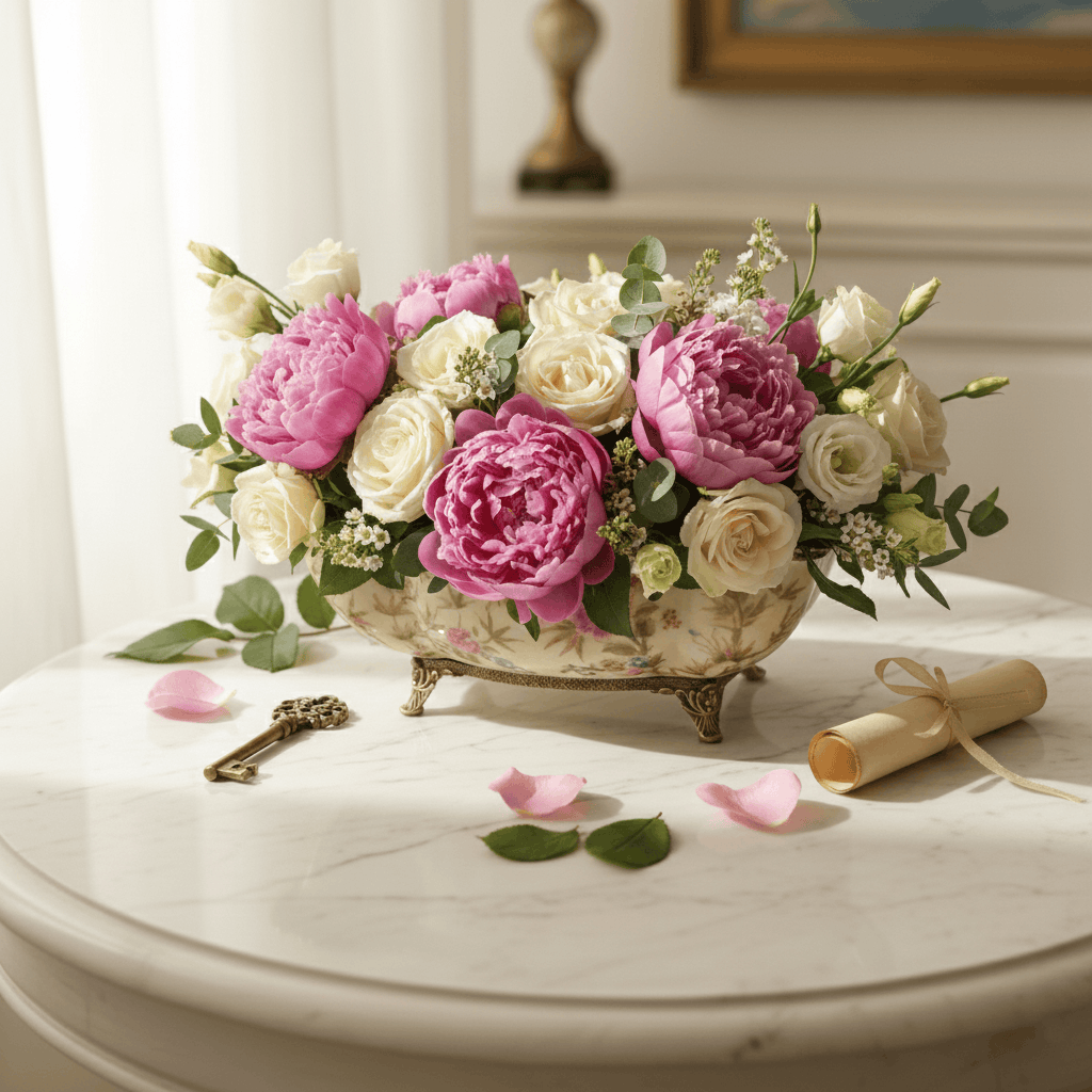 Decorative ceramic floral bowl styled as a floral centerpiece with fresh blooms, perfect for luxury tablescapes and refined home décor.