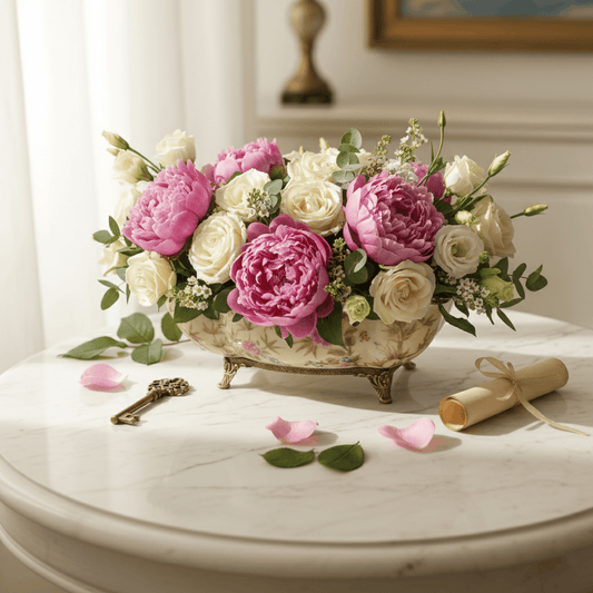 Decorative ceramic floral bowl styled as a floral centerpiece with fresh blooms, perfect for luxury tablescapes and refined home décor.
