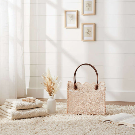 Lace Tote Bag with Brown Leather Handles Fleur de Lis