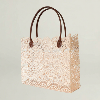 Lace Tote Bag with Brown Leather Handles