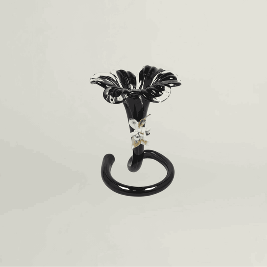 Luna black sculptural decorative vase by Fleur De Lis with calla lily–inspired flared top, curved base, and glossy artistic finish.