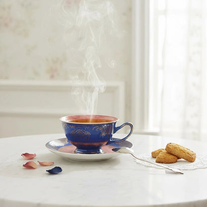 Luxury blue ceramic coffee cup with gold detailing, served hot with biscuits in an elegant, softly lit lifestyle setting.