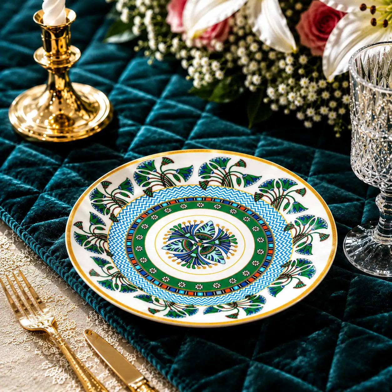 Intricately designed porcelain salad plate featuring a bright blue chevron inner ring and botanical border.