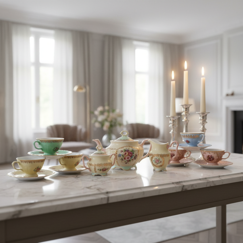 Elegant ceramic tea service displayed on a marble countertop, featuring floral teaware styled for refined hosting.