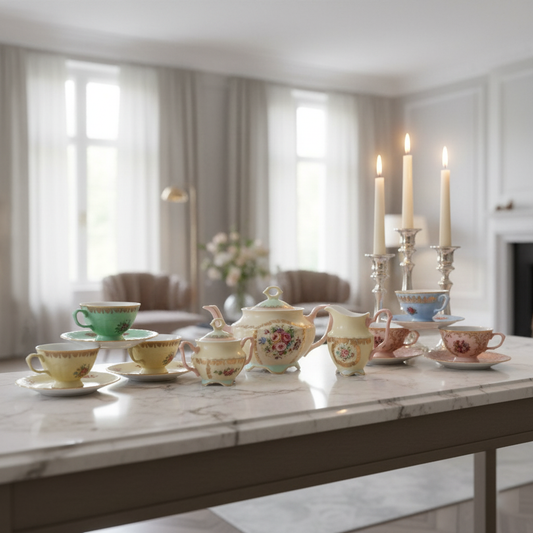 Elegant ceramic tea service displayed on a marble countertop, featuring floral teaware styled for refined hosting.