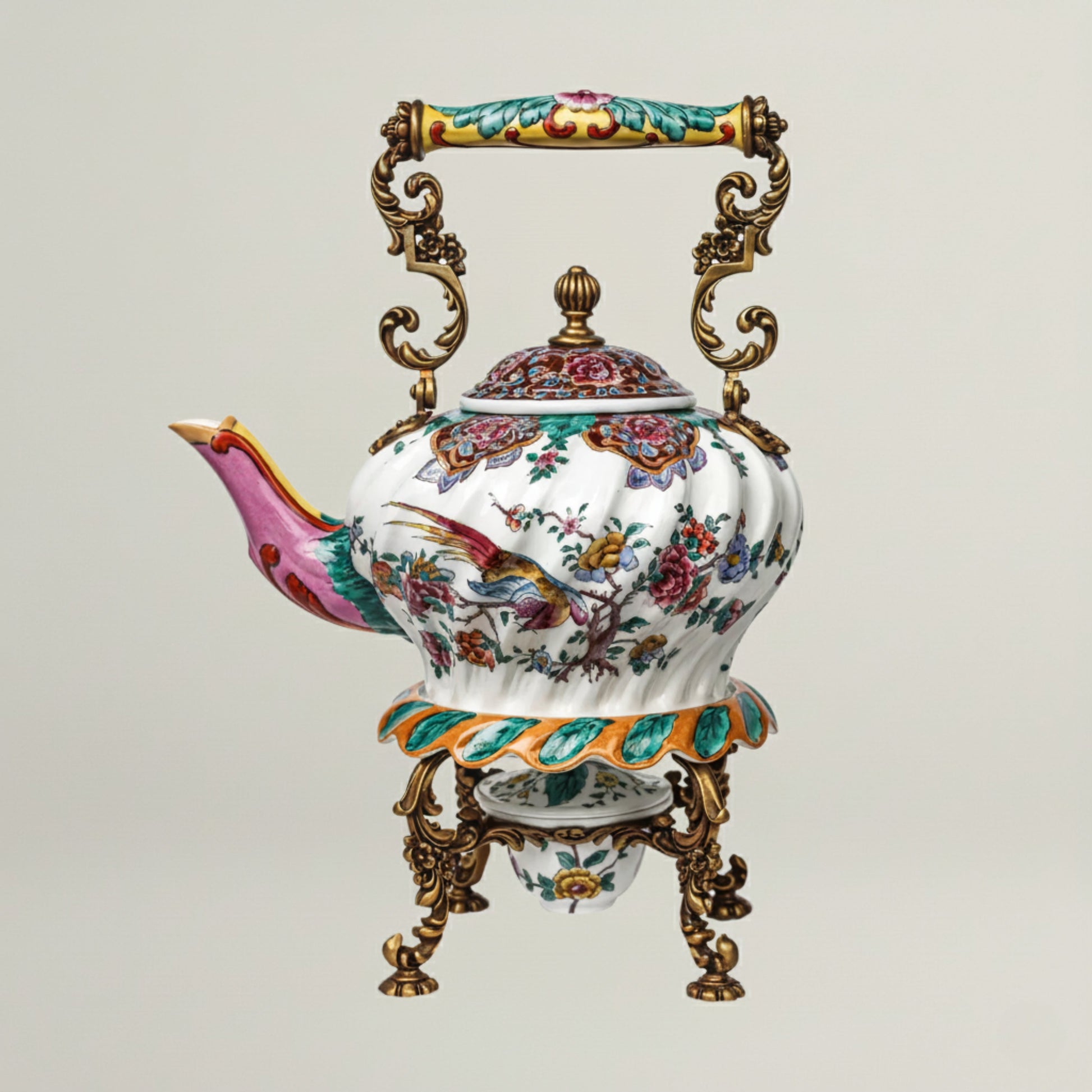 Luxury hand-painted ceramic teapot with ornate floral and bird motifs, elevated on an antique gold stand for elegant serving and décor.