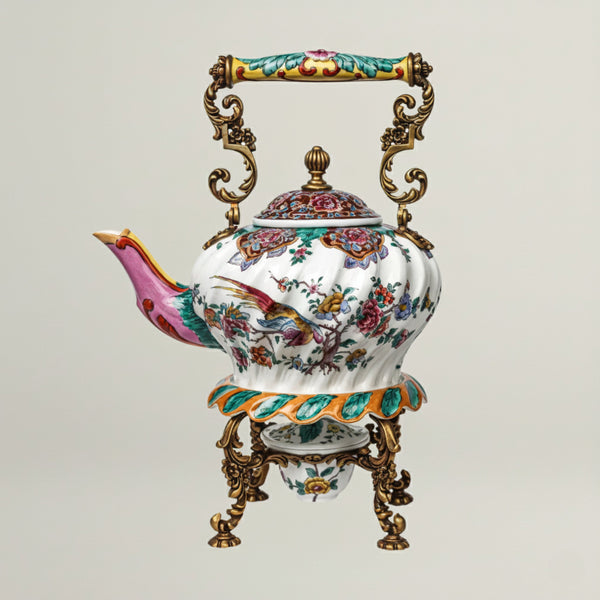 Luxury hand-painted ceramic teapot with ornate floral and bird motifs, elevated on an antique gold stand for elegant serving and décor.