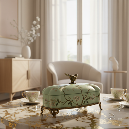 Luxury mint ceramic storage box with floral detailing and bird lid, styled on a marble table for refined home décor and gifting.