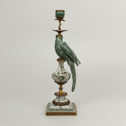 Luxury porcelain parrot candle holder with hand-painted green finish and antique gold detailing, designed for elegant home décor.