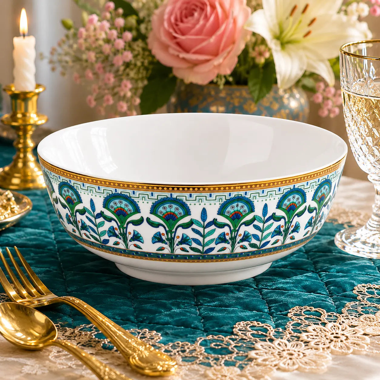 Wide ceramic serving bowl featuring an elegant blue and green botanical pattern with a sleek gold rim.