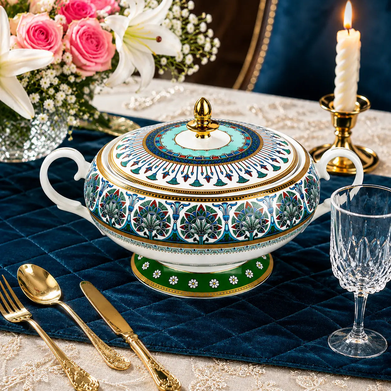 Exquisite porcelain soup tureen with handles and a matching lid, detailed in luxury blue and green patterns.