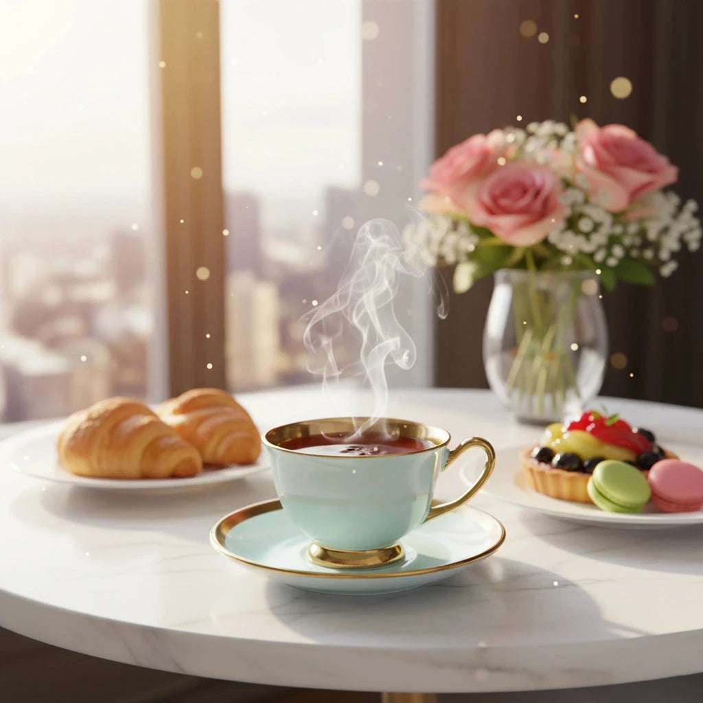Luxury sky blue coffee cup with gold accents, styled with tea, croissants, and floral décor in an elegant lifestyle setting.