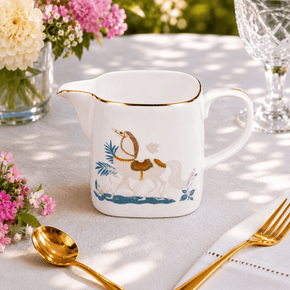 Luxury equestrian porcelain creamer with gold accents in an elegant floral table setting.