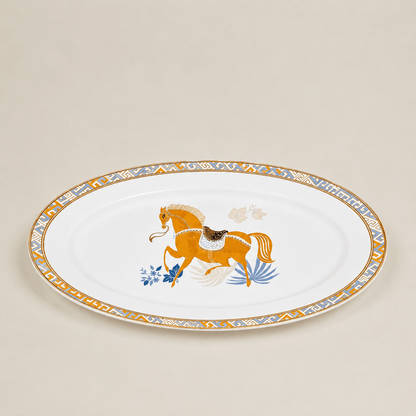 Fleur de Lis porcelain serving platter featuring a horse design and gold trim.