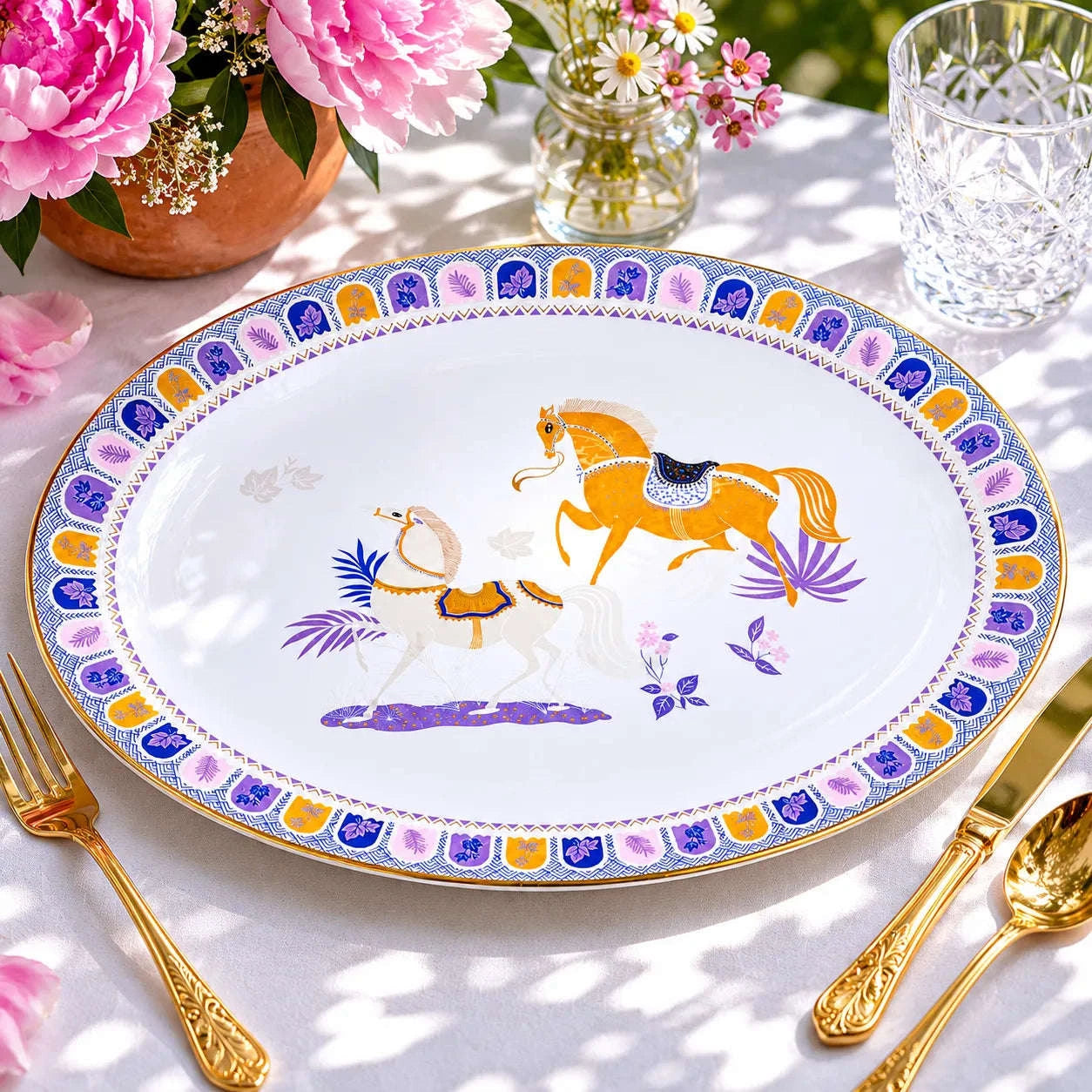 Equestrian serving platter styled with flowers and gold cutlery on a table.