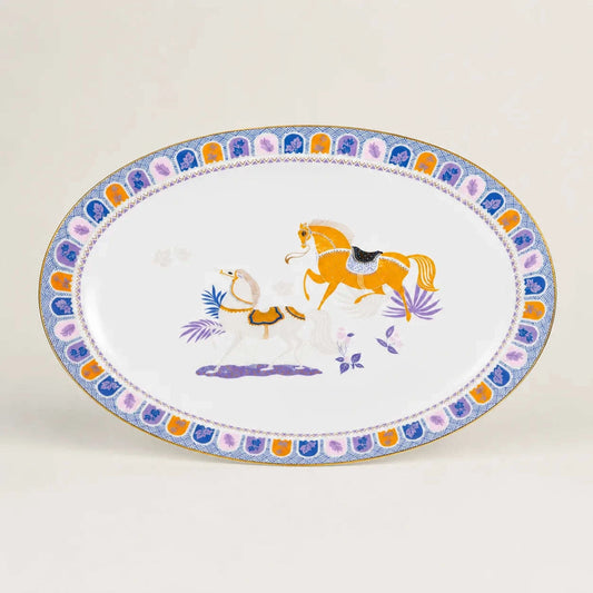 Oval serving platter with horse motif and blue lavender decorative border.