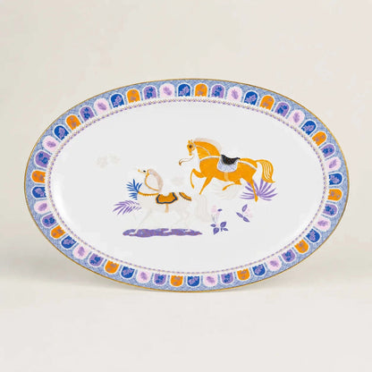 Oval serving platter with horse motif and blue lavender decorative border.