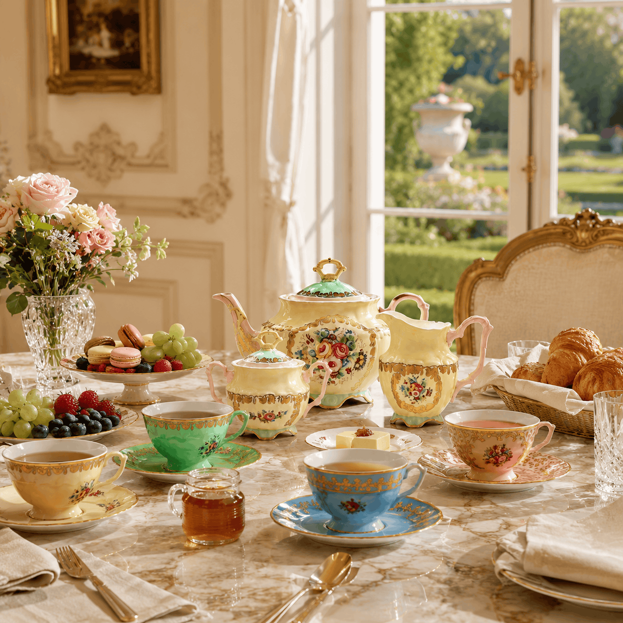 Maison Fleur luxury hand-painted porcelain tea set with floral artwork and gold detailing displayed on an elegant breakfast table.
