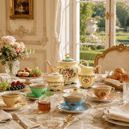 Maison Fleur luxury hand-painted porcelain tea set with floral artwork and gold detailing displayed on an elegant breakfast table.