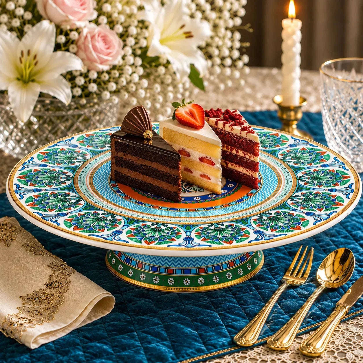 Luxury Mediterranean porcelain pedestal cake stand styled with desserts in an elegant floral setting.