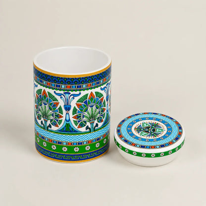 Luxury Mediterranean ceramic storage canister with removable lid.