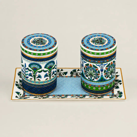 Mediterranean ceramic canister set with matching rectangular tray.