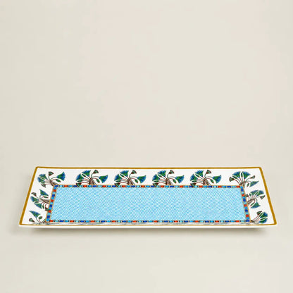 Luxury Mediterranean porcelain rectangular tray with blue botanical motifs.