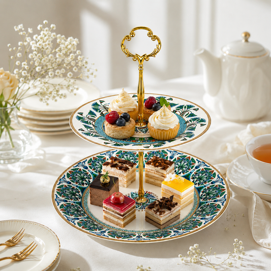 Luxury Mediterranean porcelain two-tier stand styled with desserts and tea.