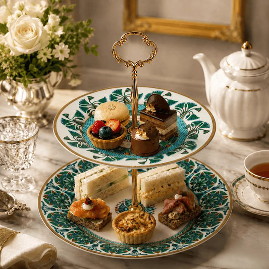 Luxury Mediterranean porcelain two-tier stand styled with desserts and tea.