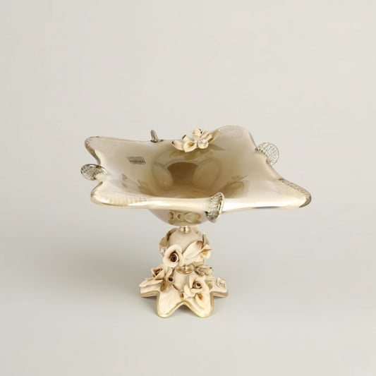 Hand-blown Moonlit Petals Murano glass pedestal bowl with floral embellishments and gold accents by Fleur De Lis