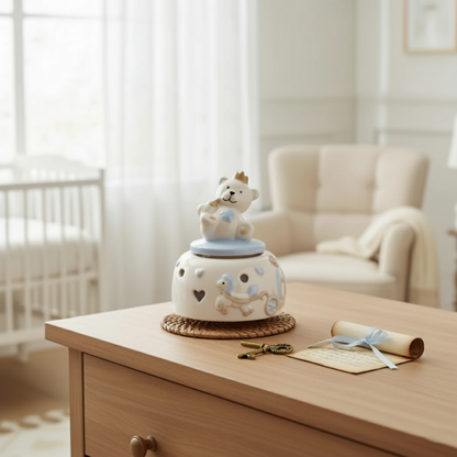 Royal blue teddy ceramic music box with night light placed in nursery room – keepsake gift for newborn baby and christening