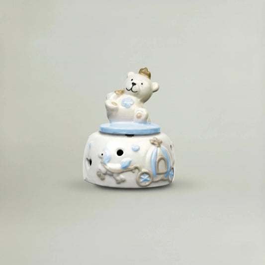 Musical Teddy ceramic night music box in pastel blue with teddy bear and crown – baby nursery décor and baby shower gift