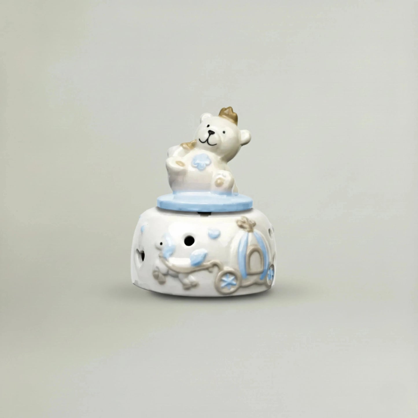 Musical Teddy ceramic night music box in pastel blue with teddy bear and crown – baby nursery décor and baby shower gift