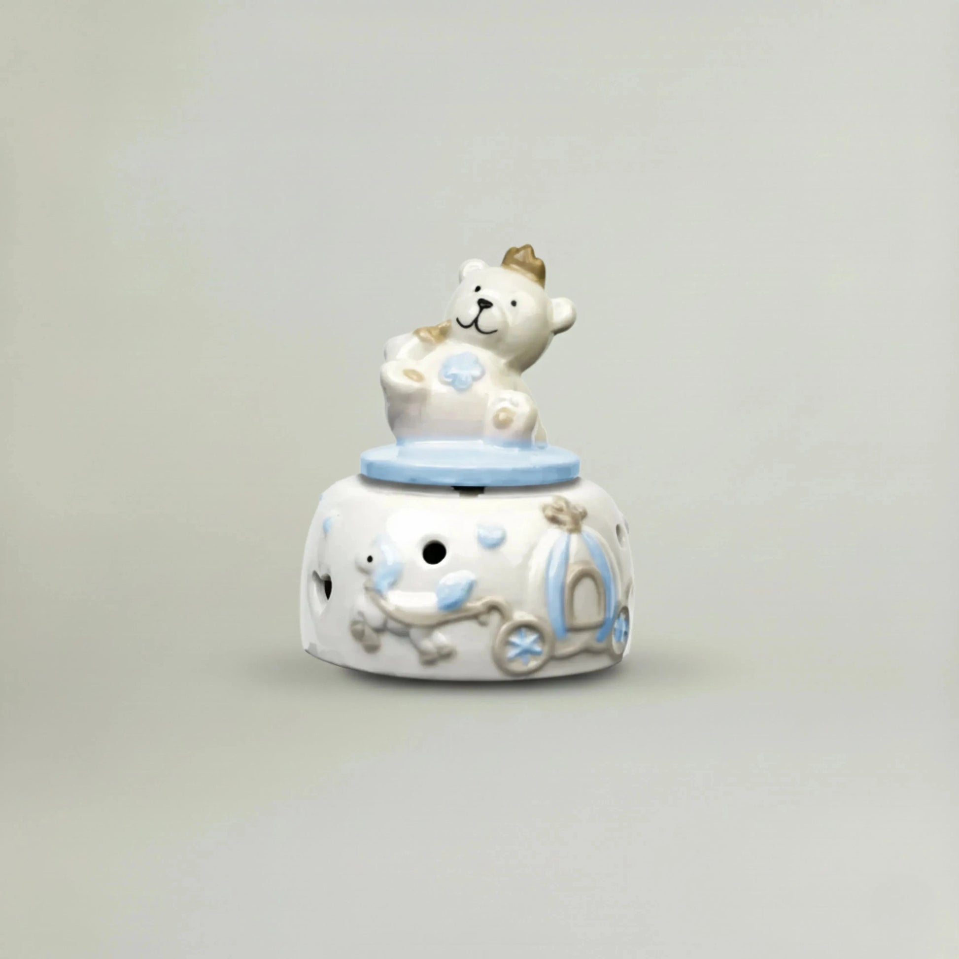 Musical Teddy ceramic night music box in pastel blue with teddy bear and crown – baby nursery décor and baby shower gift