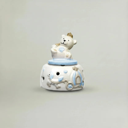 Musical Teddy ceramic night music box in pastel blue with teddy bear and crown – baby nursery décor and baby shower gift