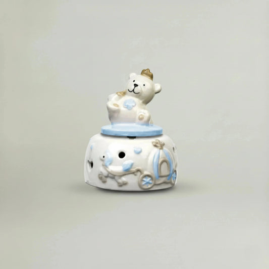 Musical Teddy ceramic night music box in pastel blue with teddy bear and crown – baby nursery décor and baby shower gift
