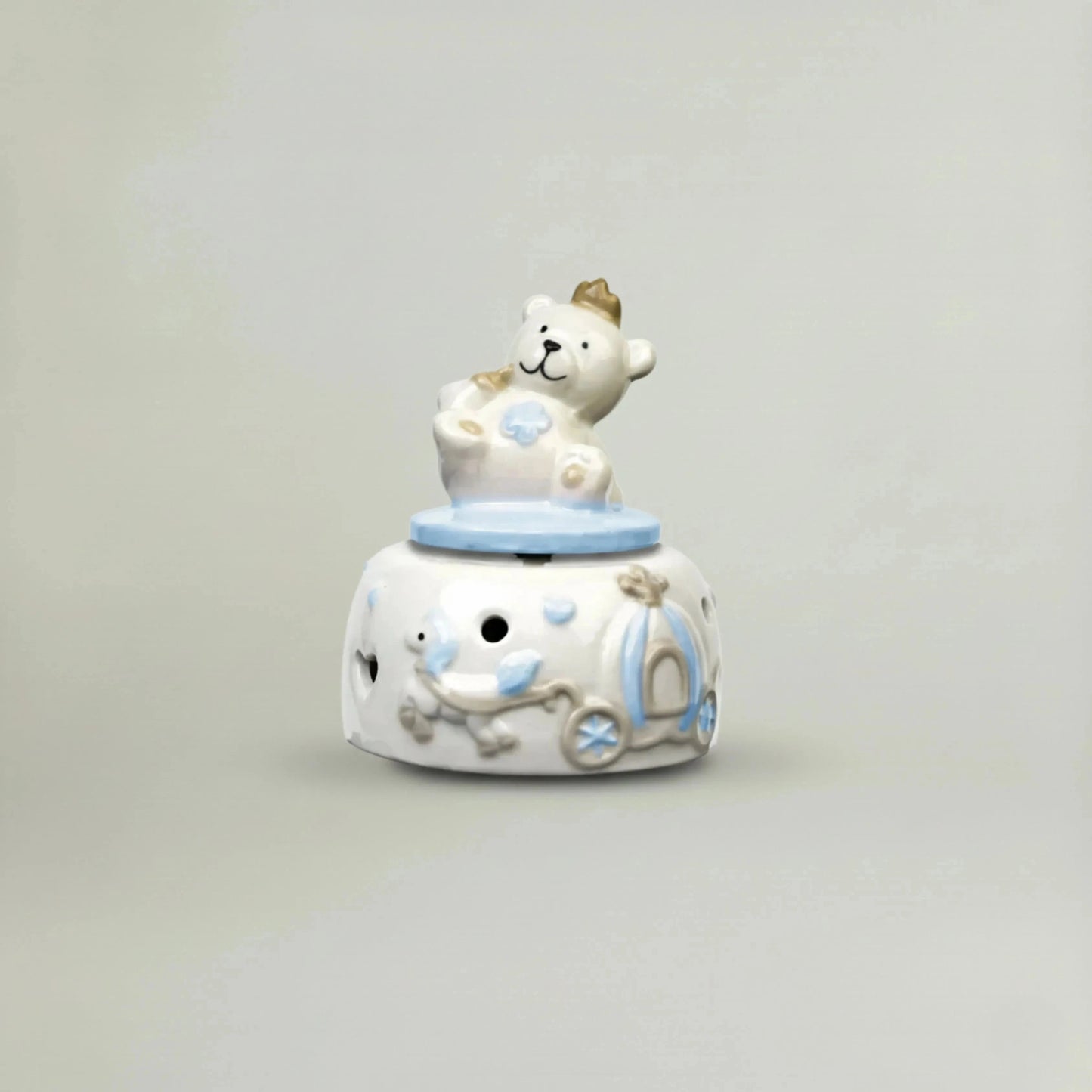 Musical Teddy ceramic night music box in pastel blue with teddy bear and crown – baby nursery décor and baby shower gift