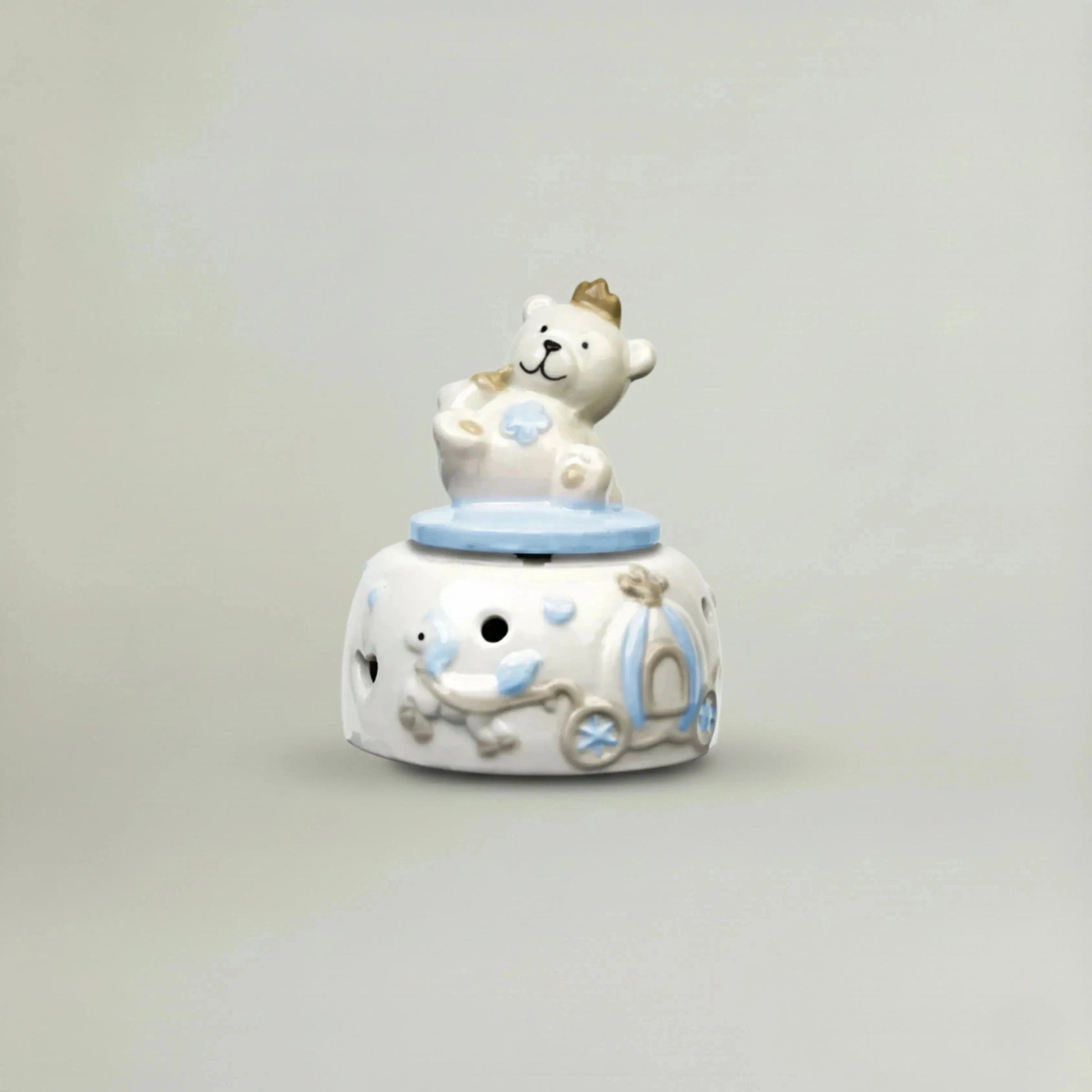Musical Teddy ceramic night music box in pastel blue with teddy bear and crown – baby nursery décor and baby shower gift