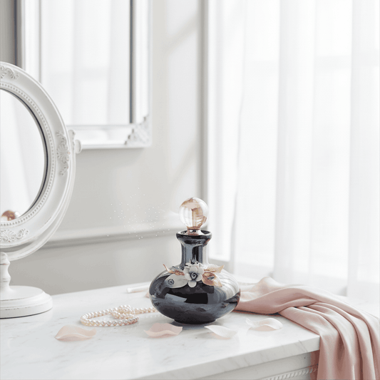 Handcrafted Onyx Murano black crystal perfume bottle styled as a luxury décor accent with floral detailing by Fleur De Lis