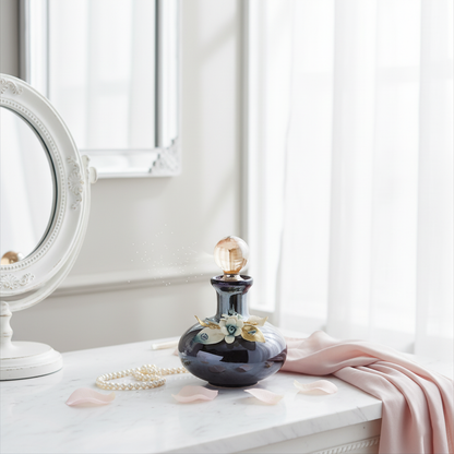 Handcrafted Onyx Murano black crystal perfume bottle styled as a luxury décor accent with floral detailing by Fleur De Lis
