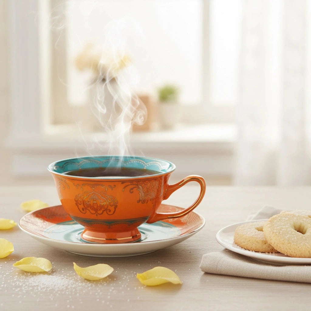 Ornate orange ceramic coffee cup with intricate gold and teal detailing, paired with a matching saucer in a luxury table setting.