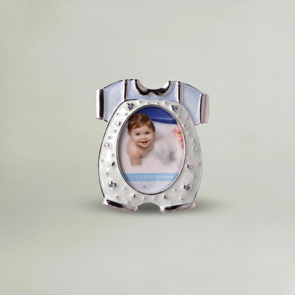 Pastel aqua baby onesie photo frame with enamel finish and rhinestone detailing, decorative newborn keepsake frame for milestone photos