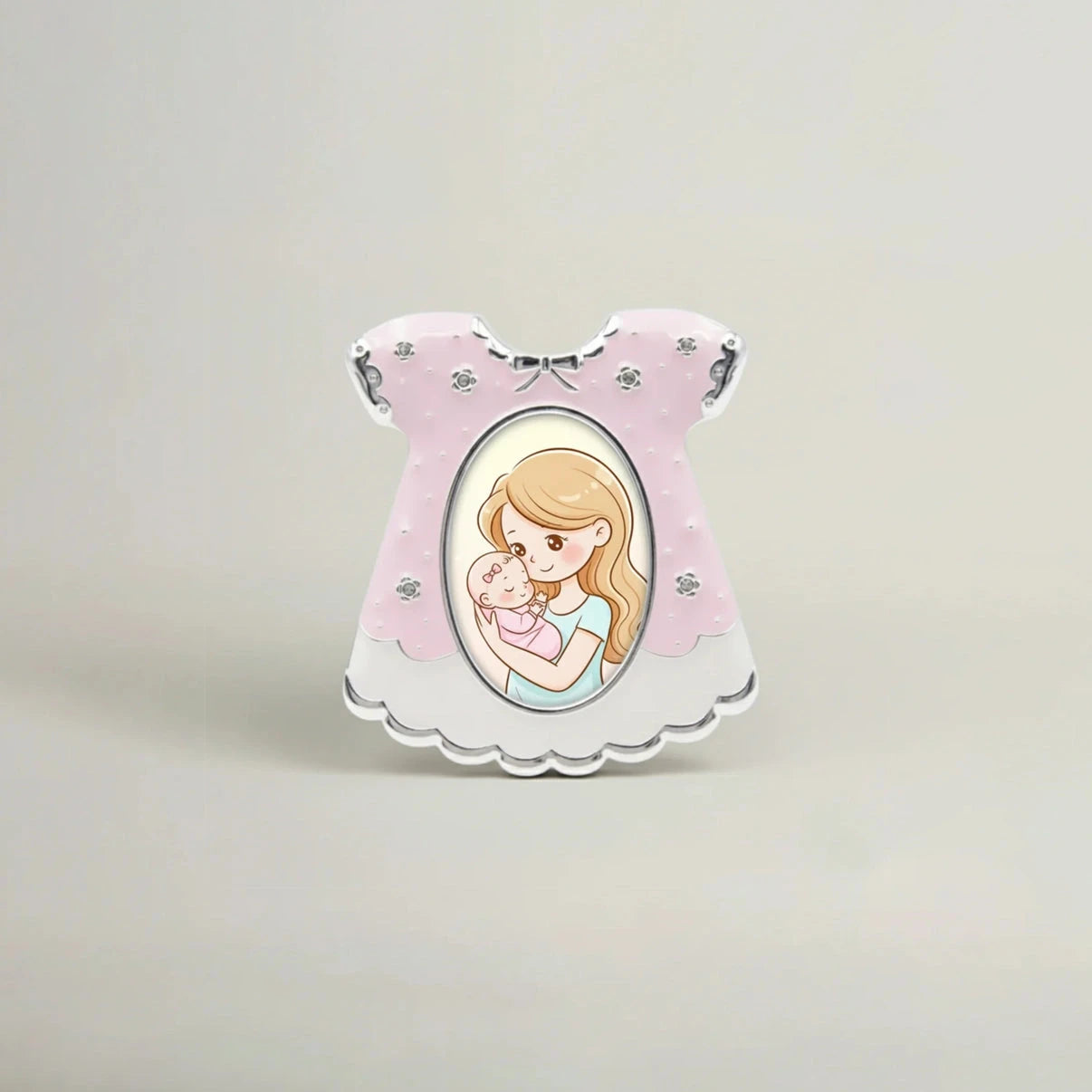 Pink baby dress photo frame with pastel enamel finish and silver accents, decorative baby keepsake tabletop photo frame for nursery or baby shower gift.