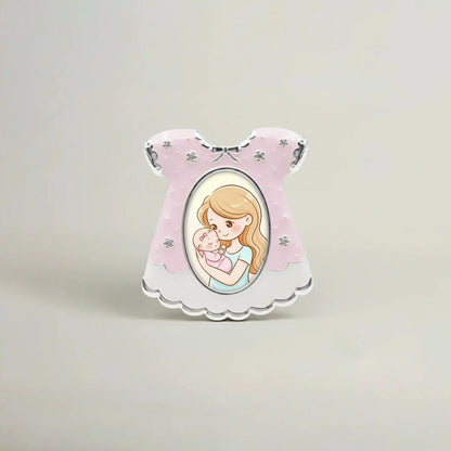 Pink baby dress photo frame with pastel enamel finish and silver accents, decorative baby keepsake tabletop photo frame for nursery or baby shower gift.