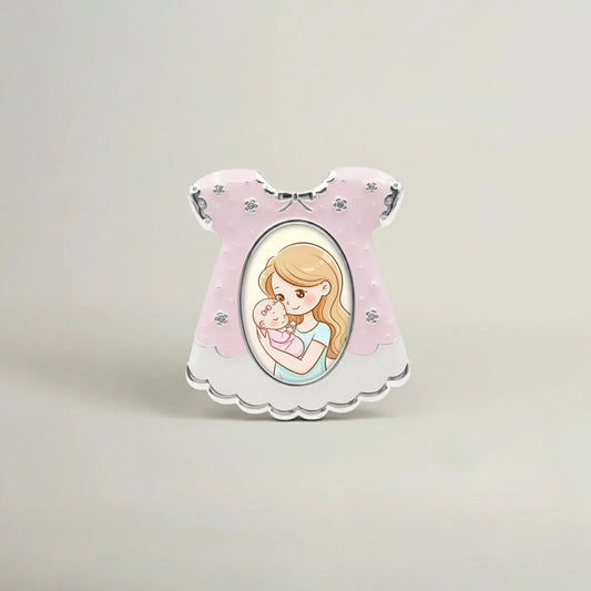 Pink baby dress photo frame with pastel enamel finish and silver accents, decorative baby keepsake tabletop photo frame for nursery or baby shower gift.