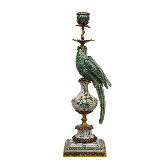Back view of sculpted porcelain eagle candle stand with antique finish