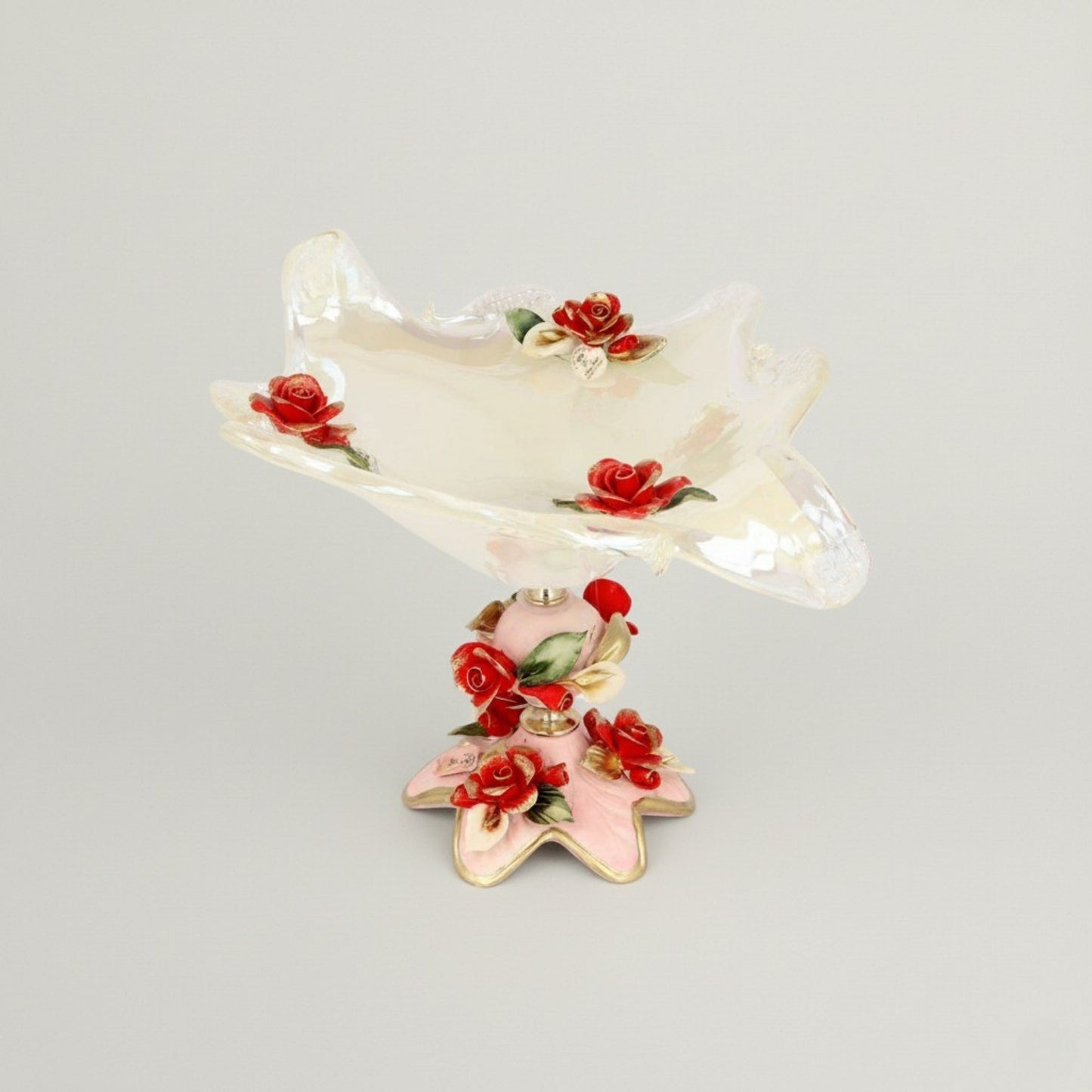 Handcrafted Italian Murano-style crystal bowl with pink floral detailing and gold accents by Fleur De Lis