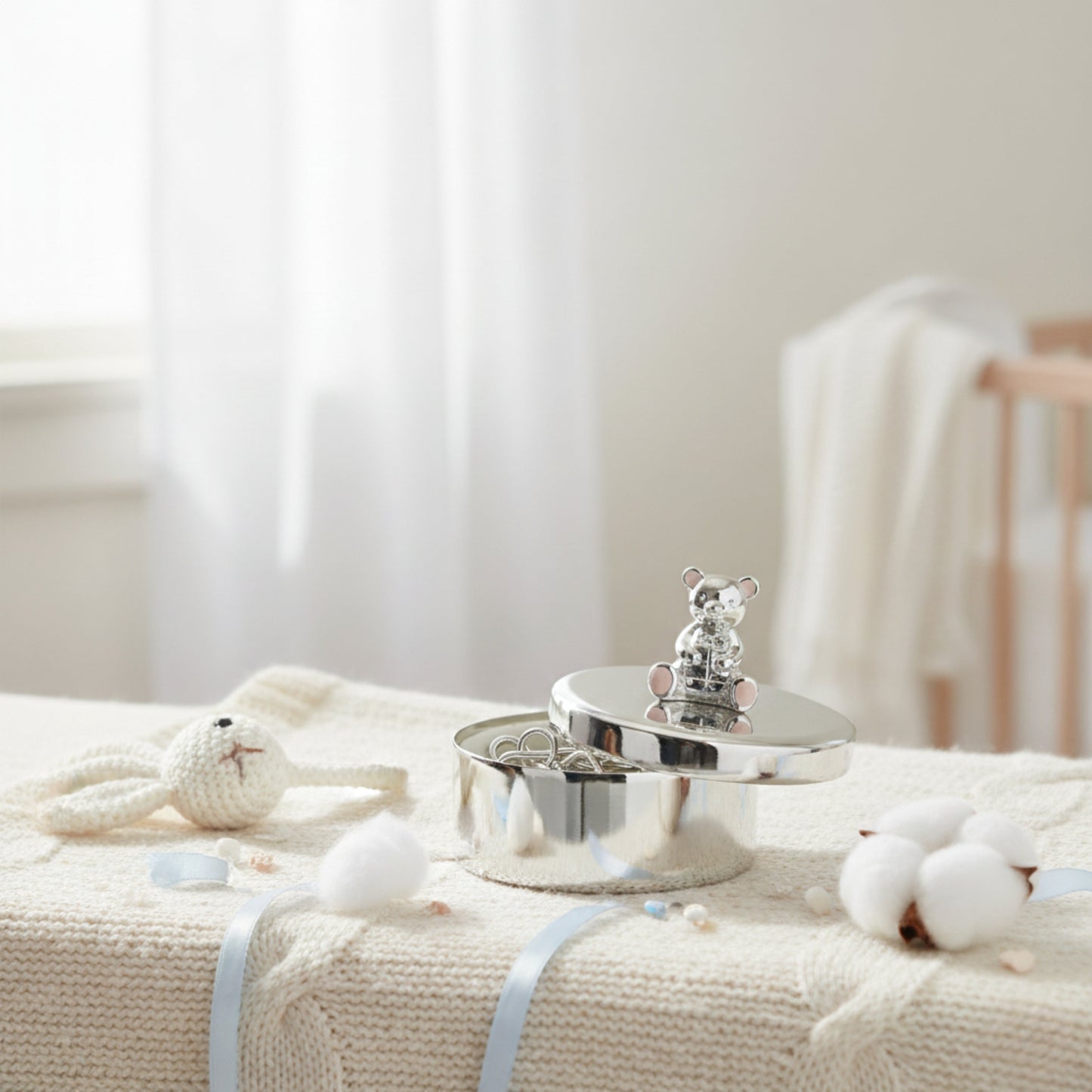 Silver baby keepsake trinket box with teddy bear design styled in nursery setting – perfect baby shower or christening gift